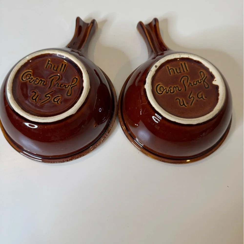HULL BROWN DRIP BOWLS Soup Handle USA Mid Century Vtg lot of 5